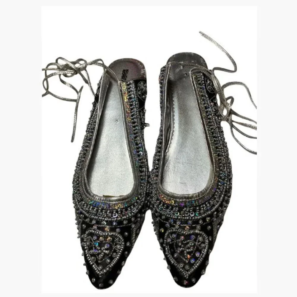 Naughty Monkey Flat Ballet-Style Sequin-Covered Shoes with Ties Size 8.5  EUC